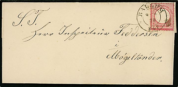 1 gr. Stort Brystskjold på brev annulleret med toringsstempel Ballum d. 8.6.1884 til Møgeltønder.
