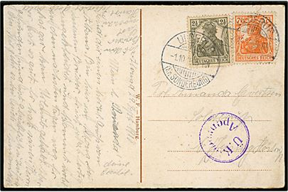 2½ pfg. og 7½ pfg. Germania på brevkort annulleret Ulderup (Kr. Sonderburg) d. 1.10.1918 til Jejsing Hostrup. Violet censur: Ü.K. Apenrade.