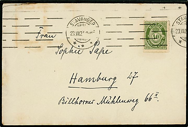 40 øre Posthorn single på brev med langt indhold sendt fra Reichsforschungsdampfer Poseidon i Stavanger d. 23.7.1921 til Hamburg, Tyskland. 