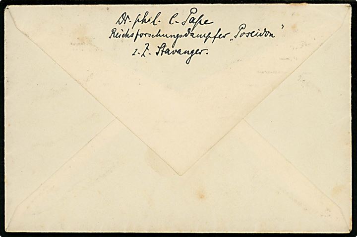 40 øre Posthorn single på brev med langt indhold sendt fra Reichsforschungsdampfer Poseidon i Stavanger d. 23.7.1921 til Hamburg, Tyskland. 