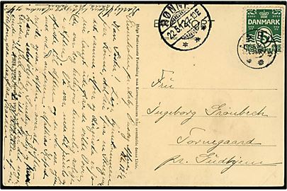 5 øre Bølgelinie på brevkort annulleret med stjernestempel AABY og sidestemplet Rønne d. 22.5.1913 til Gudhjem.