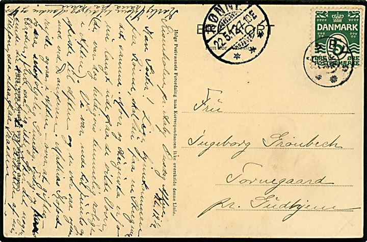 5 øre Bølgelinie på brevkort annulleret med stjernestempel AABY og sidestemplet Rønne d. 22.5.1913 til Gudhjem.