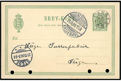 5 øre Chr. IX helsagsbrevkort (arkivhuller) annulleret med stjernestempel  LANDEBÆK og sidestemplet bureau Masnedsund - Kallehave T.6 d. 26.11.1906 til Stege.