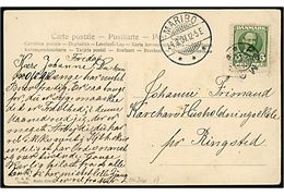 5 øre Fr. VIII på brevkort (Kajser Wilhelm's yacht Meteor) annulleret med stjernestempel FEMØ og sidestemplet Maribo d. 24.8.1907 til Ringsted.
