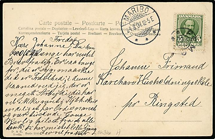 5 øre Fr. VIII på brevkort (Kajser Wilhelm's yacht Meteor) annulleret med stjernestempel FEMØ og sidestemplet Maribo d. 24.8.1907 til Ringsted.