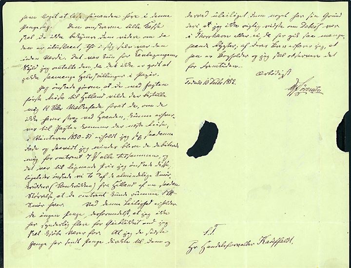 1852. Ufrankeret foldebrev med langt indhold dateret d. 10.12.1852 til handelsforvalter Kauffeldt i Thorshavn. 