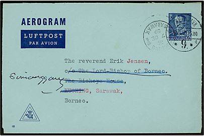 60 øre Fr. IX helsags aerogram (fabr. 18) fra København d. 30.11.1959 til Sarawak, Borneo - eftersendt med flere stempler. Sjælden destination.