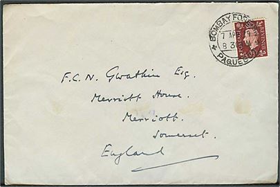 1½d George VI på skibsbrev annulleret med indisk stempel Bombay Foreign Paquebot d. 7.4.1939 til England.