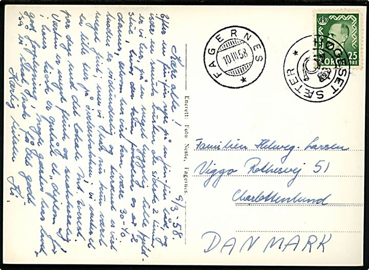 25 øre Haakon VII på brevkort (Høgeset Seter, Filefjell, Valdres) annulleret med kronet/posthorn-stempel HØGESET SÆTER og sidestemplet Fagernes d. 10.3.1958 til Charlottenlund, Danmark.