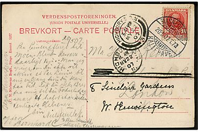 10 øre Fr. VIII på brevkort (Møens Klint) annulleret med bureaustempel Masnedsund - Kallehave T.7 d. 20.5.1907 til London, England - eftersendt.