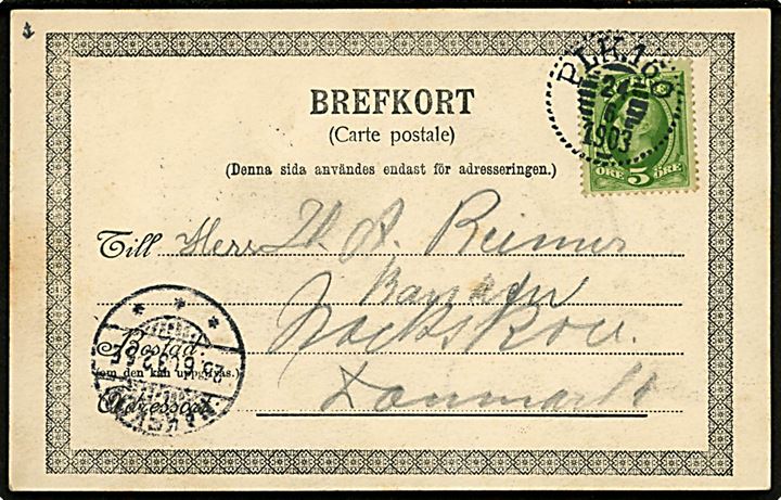 5 öre Oscar II på brevkort (Hilsen fra Hven) annulleret med bureaustempel PLK 160 (= Billeberga - Landskrona) d. 24.6.1903 til Nakskov, Danmark.