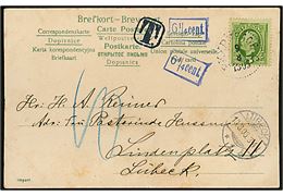 5 öre Oscar II på underfrankeret brevkort (Kong Oscar II) annulleret med bureaustempel PKXP No. 105C (= Stockholm - Nässjö) til Lübeck, Tyskland. Sort T-stempel og blå 6 1/4 cent., samt udtakseret i 10 pfg. porto.