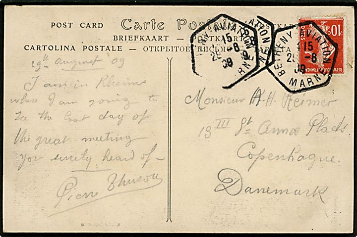 10 c. på brevkort (Pionerflyveren Paulhan) annulleret med 6-kantet særstempel Betheny Aviation Marne d. 29.8.1909 til København, Danmark. Sendt fra flyvestævne.