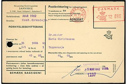 12 øre posthusfranko fra København OMK d. 28.2.1962 på inebetalingskort sendt som tryksag til Tappernøje. Violet kvitteringsstempel med sorteringskode: Tappernøje Post-Eksp. 1237 d. 5.3.1962. Forløber for postnumre. 