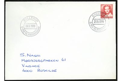 3,20 kr. Margrethe på brev annulleret med særstempel Ballerup S-Tog til Frederikssund d. 28.5.1989 til Roskilde.