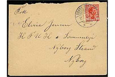 10 øre Chr. X på brev stemplet Nørre-Broby d. 12.7.1918 til pige på KFUK Sommerlejr på Nyborg Strand, Nyborg.