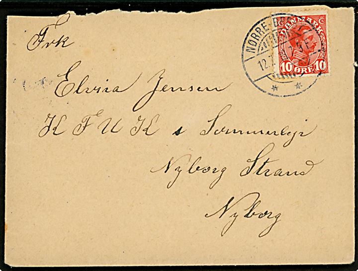 10 øre Chr. X på brev stemplet Nørre-Broby d. 12.7.1918 til pige på KFUK Sommerlejr på Nyborg Strand, Nyborg.