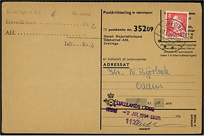 35 øre Fr. IX på indbetalingskort fra Grevinge d. 29.6.1964 til Odden. Betalt med violet kvitterings-stempel med sorteringskode Sjællands Odde Post-Eksp 1127 d. 2.7.1964. Forløber for postnumre. 