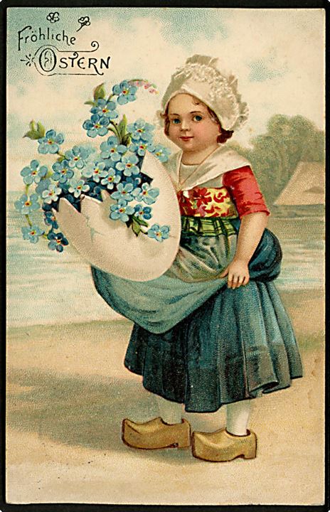 Påskekort. Pige med stort æg med blomster. 