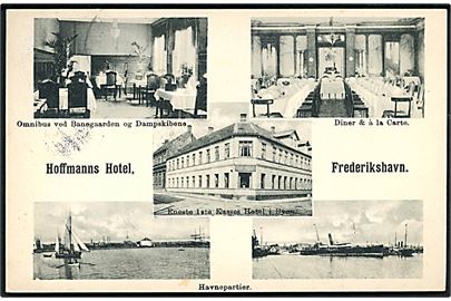 Frederikshavn, Hoffmanns Hotel og havnepartier med skibe. Reklamekort u/no.