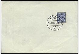 12 øre blå porto på frimærkebestilling d. 3.11.1955. Førstedagsstemplet.