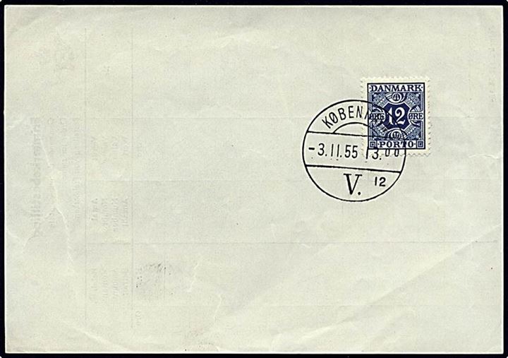 12 øre blå porto på frimærkebestilling d. 3.11.1955. Førstedagsstemplet.