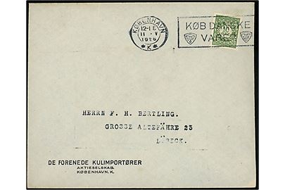 10 øre Frimærkejubilæum med perfin D.F.K. på firmakuvert fra De Forende Kulimportører sendt som tryksag fra København d. 11.5.1926 til Lübeck, Tyskland.
