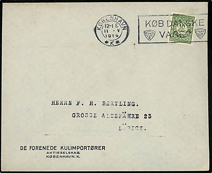 10 øre Frimærkejubilæum med perfin D.F.K. på firmakuvert fra De Forende Kulimportører sendt som tryksag fra København d. 11.5.1926 til Lübeck, Tyskland.