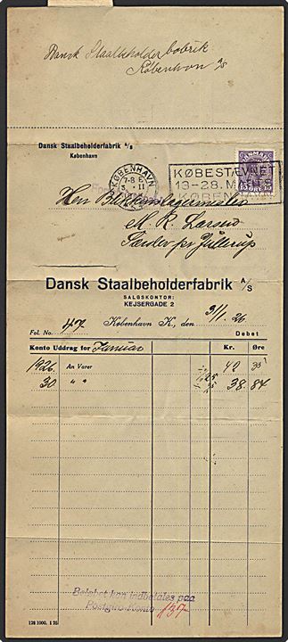 15 øre Chr. X (defekt) med perfin H.R (= Hermann Raffel A/S) på forretningspapirer fra Dansk Staalbeholderfabrik A/S i København d. 3.2.1926 til Jullerup.