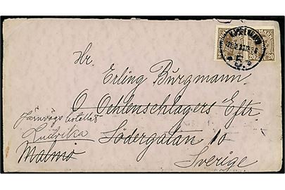 20 øre Chr. X (2) med perfin T.K. (= Theo Kliatschko) på brev fra Kjøbenhavn d. 12.8.1923 til Malmö, Sverige - eftersendt til Ludvika. Anvendt ca. 2 år senere end registreret i katalog.