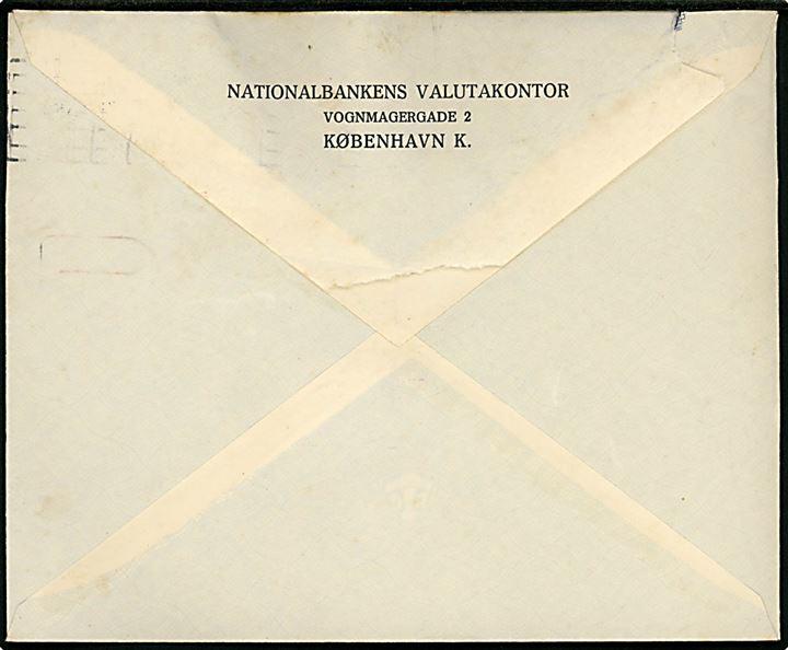 15 øre H. C. Andersen med perfin N.V. på fortrykt kuvert fra Nationalbankens Valutakontor i København d. 3.9.1936 til Nibe.