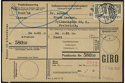 40 øre Fr. IX i parstykke på retur Indkasserings-Indbetalingekort fra København d. 31.7.1952 til Fredericia. Anmeldt til afhentning med liniestempel Oldenborggades Posthus.