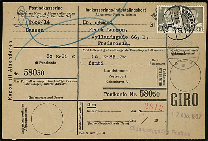 40 øre Fr. IX i parstykke på retur Indkasserings-Indbetalingekort fra København d. 31.7.1952 til Fredericia. Anmeldt til afhentning med liniestempel Oldenborggades Posthus.