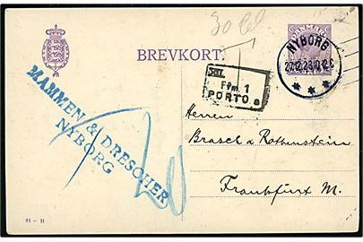 15 øre Chr. X helsagsbrevkort (fabr. 61-H) sendt underfrankeret fra Nyborg d. 27.12.1923 til Frankfurt, Tyskland. Tysk portostempel og udtakseret i 20 pfg. tysk porto.
