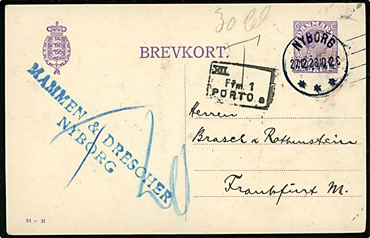15 øre Chr. X helsagsbrevkort (fabr. 61-H) sendt underfrankeret fra Nyborg d. 27.12.1923 til Frankfurt, Tyskland. Tysk portostempel og udtakseret i 20 pfg. tysk porto.