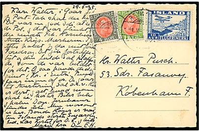 1 eyr, 4 aur Chr. X og 10 aur Luftpost på brevkort fra Reykjavik d. 1.7.1935 til København, Danmark.