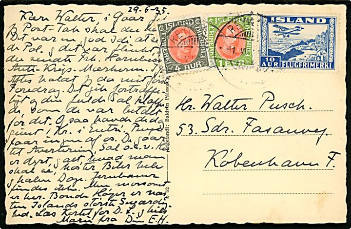 1 eyr, 4 aur Chr. X og 10 aur Luftpost på brevkort fra Reykjavik d. 1.7.1935 til København, Danmark.