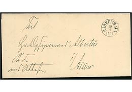 1851. Ufrankeret tjenestebrev mærket K.T. med Attest med antiqua Kjøbenhavn d. 19.4.1851 til Opsynsmand Albertus i Assens.