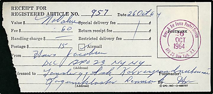 Postkvittering for afsendelse af anbefalet brev fra danske på Thulebasen stemplet Army & Air Force Postal Service APO 23 New York, N.Y. d. 26.10.1964.