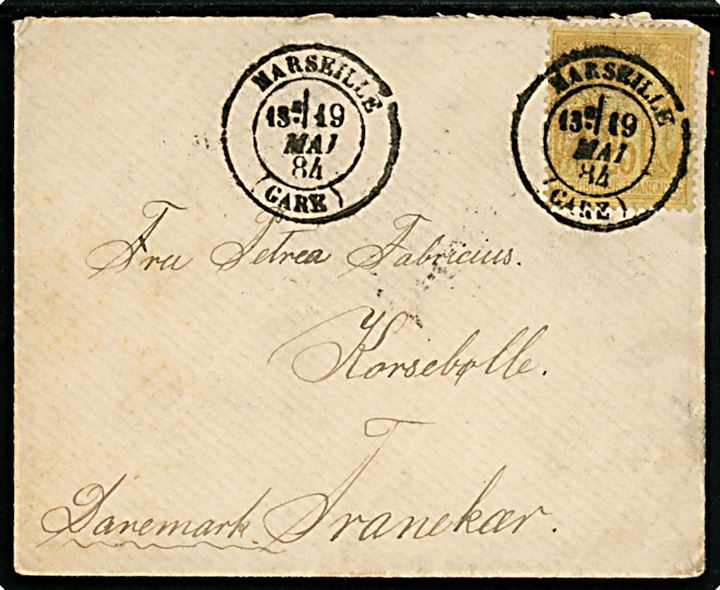 25 c. på brev fra Marseille d. 19.5.1884 via Rudkjøbing til Korsebølle pr. Tranekær på Langeland, Danmark. Mærke med fold.
