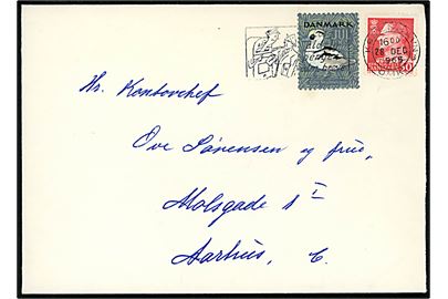50 øre Fr. IX (fluorescerende papir) og Julemærke 1965 på brev fra København d. 28.12.1965 til Aarhus.