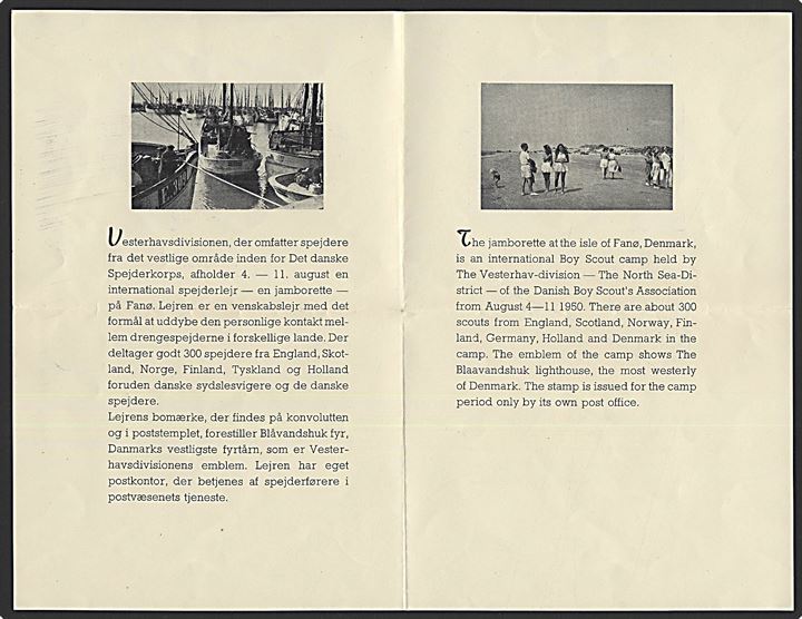 10 øre Bølgelinie på illustreret spejderkuvert International Scout Jamborette / Vesterhavs Divisionen annulleret med særstempel Nordby Fanø * Int. Scout Jamborette * d. 6.8.1950 til Nordby. Indeholder lille illustreret brochure.