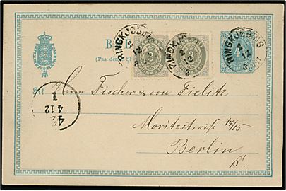 4 øre helsagsbrevkort opfrankeret med 3 øre Tofarvet 7. tryk i parstykke annulleret med lapidar Ringkjøbing d. 2.12.1886 til Berlin, Tyskland.