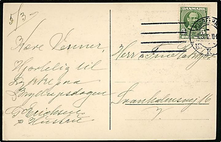 5 øre Fr. VIII på brevkort annulleret med forsøgs maskinstempel Kjøbenhavn K.K.K. d. 4.3.1912-