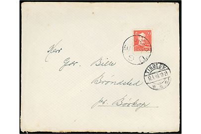20 øre Chr. X på brev fra Kobbermølle skole pr. Flensburg postlagt nord for grænsen og annulleret med udslebet stjernestempel UGE og sidestemplet Tinglev d. 12.1.1948.
