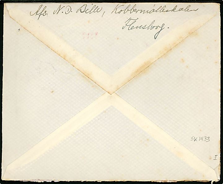 20 øre Chr. X på brev fra Kobbermølle skole pr. Flensburg postlagt nord for grænsen og annulleret med udslebet stjernestempel UGE og sidestemplet Tinglev d. 12.1.1948.