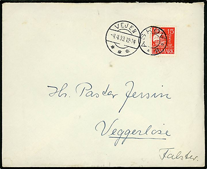 15 øre Karavel på brev annulleret med udslebet stjernestempel ASKOV og sidestemplet Vejen d. 4.4.1933 til Veggerløse.
