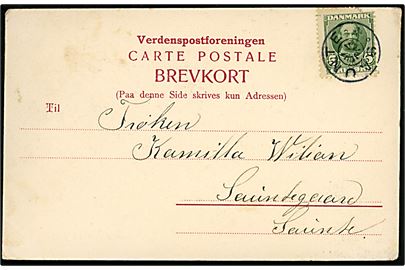 5 øre Fr. VIII (defekt) på lokalt brevkort annulleret med stjernestempel SAUNTE.