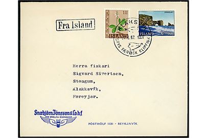 Islandsk 1,50 kr. Blomst og 6,50 kr. Dyrhólaey på skibsbrev fra Reykjavik annulleret med klipfiskstempel i Klaksvik d. 22.6.1967 og sidestemplet Fra Island til Klaksvig, Færøerne. 