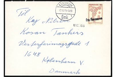 90 øre Landkort på brev fra Sandevåg annulleret med lille skibsstempel Fra Færøerne og sidestemplet København Omk d. 17.13.1975 (Fejlindstillet måned for marts) til København, Danmark.